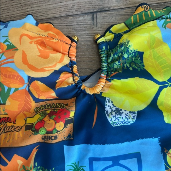 Fashion Nova Strapless Floral Citrus Print One-Piece Swimsuit - Blue/Yellow - Picture 7 of 9